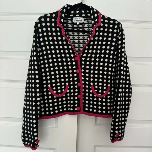 vintage y2k 2000s girly navy blue and cream polka dot cardigan sweater size M - Picture 2 of 5